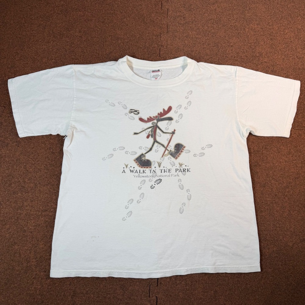 Anvil Yellowstone National Park Moose Hiker Graphic T-Shirt White Medium Hiker